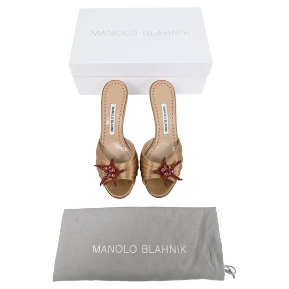 Manolo Blahnik Embellished Slide Sandal Heels in Brown Satin - Picture 9 of 9